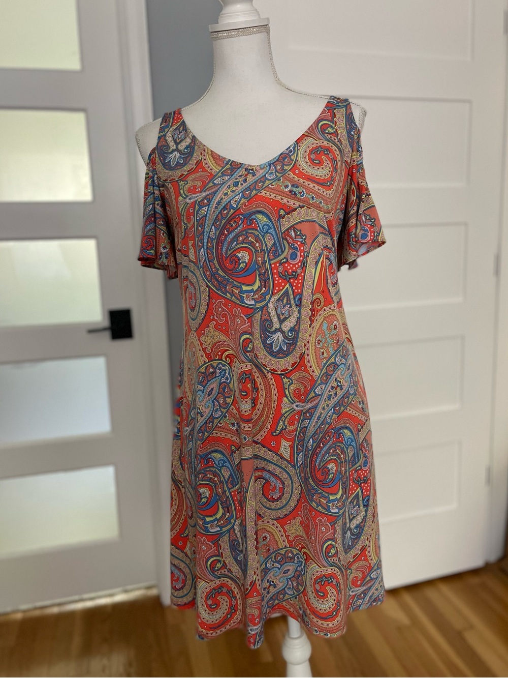 MSK Cold-Shoulder Paisley Swing Dress in Coral S